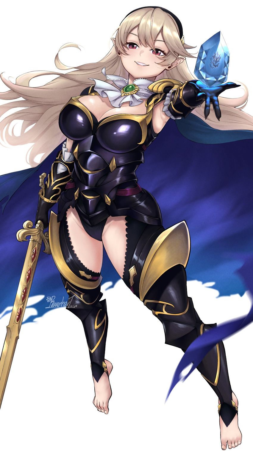 1girls absurdres alternate_costume armor bare_thighs barefoot black_hairband black_panties breasts brown_hair cape cleavage cleavage_cutout clothing_cutout corrin_(female)_(fire_emblem) corrin_(female)_(nohr_noble)_(fire_emblem) corrin_(fire_emblem) double-parted_bangs female fire_emblem fire_emblem_fates fire_emblem_heroes gem gloves hair_between_eyes hairband highres holding holding_gem holding_sword holding_weapon inner_thighs large_breasts leotard long_hair looking_at_viewer official_alternate_costume panties pointy_ears ravenhart red_eyes simple_background solo sword thigh_cutout thighhighs thighs torn_clothes weapon yato_(fire_emblem)