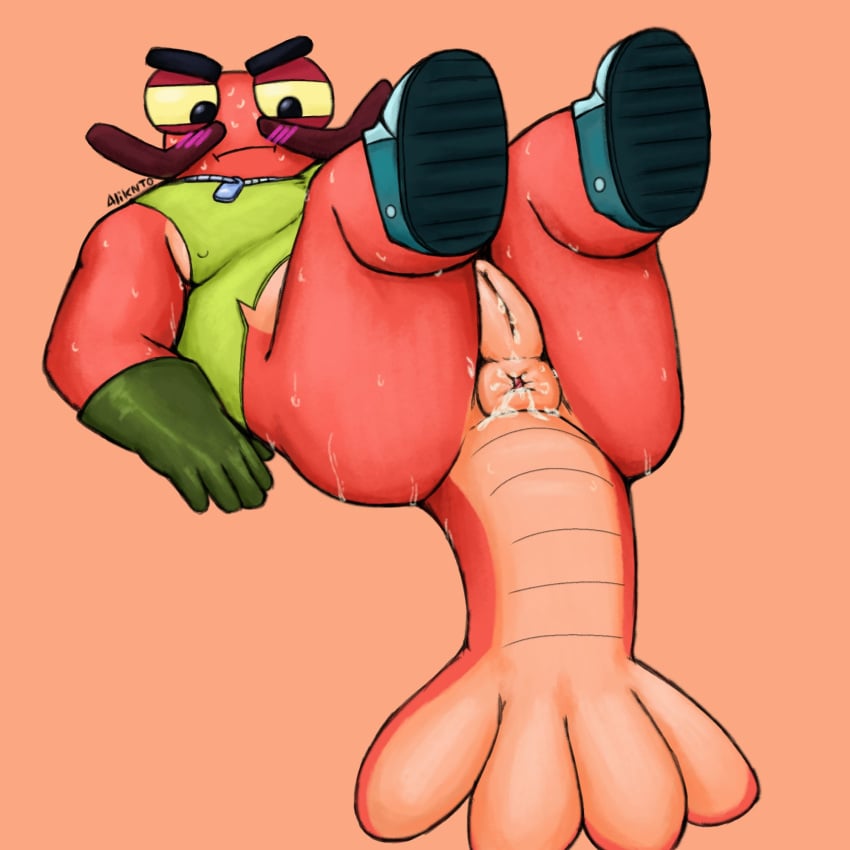 blush clancy_(brawl_stars) crab crustacean cum_in_ass cum_in_pussy cum_inside cuntboy half-dressed moobs pussy pussy_juice_drip sweatdrop sweating sweaty