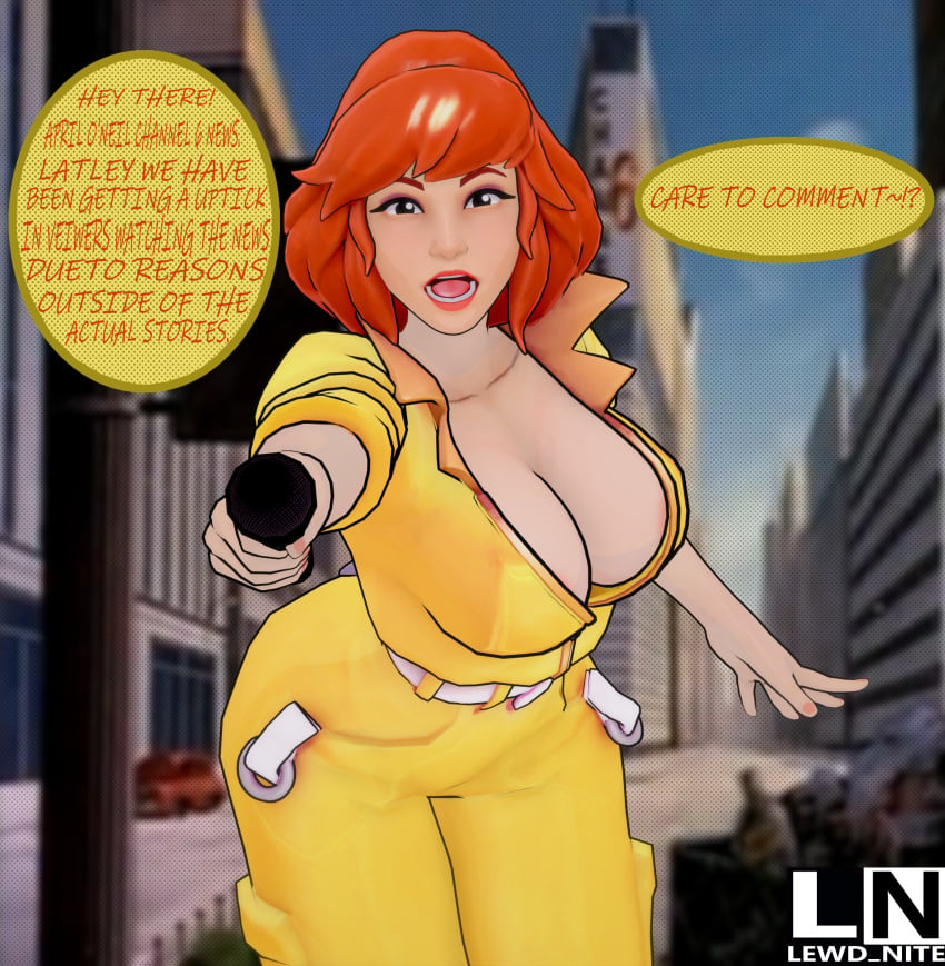 april_o'neil april_o'neil_(tmnt_1987) big_breasts lewd_nite looking_at_viewer microphone speech_bubble tagme teenage_mutant_ninja_turtles text typo