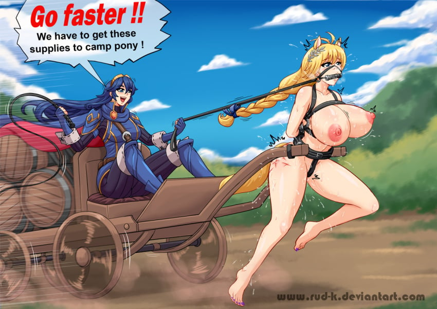 2girls ahoge animal_ears animal_tail arms_behind_back barefoot blonde_hair blue_eyes blue_hair bondage bound braid breasts carriage chest_harness commission completely_nude completely_nude_female crossover english_text female female_only femdom femsub fire_emblem fire_emblem_awakening gag gagged harness horse_ears horse_tail huge_breasts human_livestock laurel_crown leash lezdom long_hair lucina_(fire_emblem) motion_lines namco nintendo nipples nude outdoors painted_nails ponygirl ponyplay ponytail pulling_carriage rud-k slave sophitia_alexandra soul_calibur sweat tail text url whip whip_marks whipping yuri