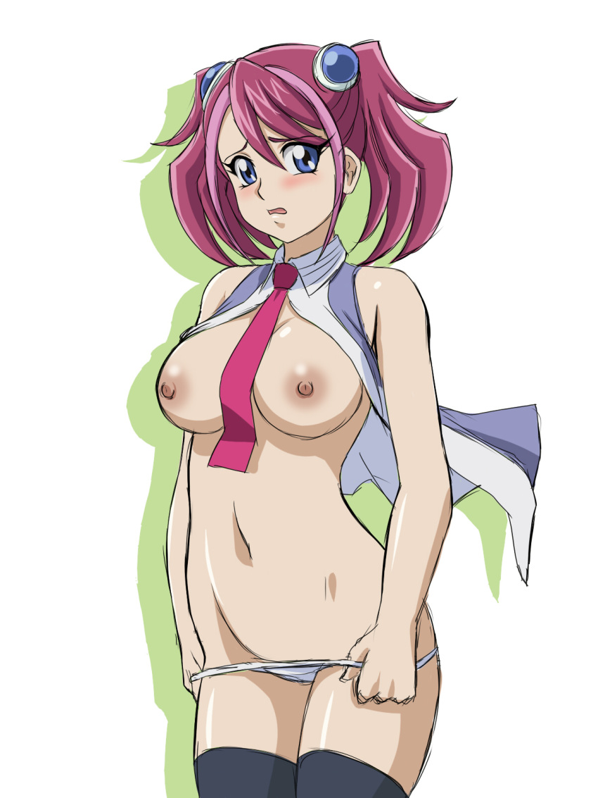 blue_eyes blush breasts clothed female glamour_works hiiragi_yuzu large_breasts nipples open_mouth partially_clothed pink_hair shonen_jump shounen_jump shueisha solo yu-gi-oh! yu-gi-oh!_arc-v zuzu_boyle