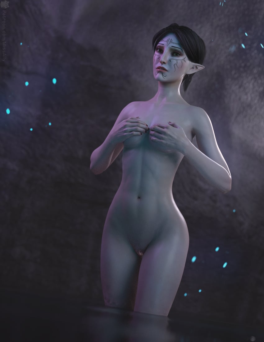 1girls 3d 3d_(artwork) 3d_artwork 3d_model absolutely_nothing_on bioware black_hair cave cgi cgi_girl completely_naked completely_naked_female completely_nude completely_nude_female dalish_elf dark_hair dragon_age dragon_age_2 electronic_arts elf elf_ears elf_female elf_girl female female_only green_eyes hands_on_breasts looking_at_viewer medium_hair merrill_(dragon_age) missally naked naked_female nude nude_female shy slim slim_female slime_girl standing standing_in_water tattoo tattoo_on_face tattooed_face tattooed_female water