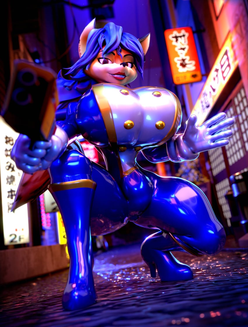 3d blue_hair breasts_bigger_than_head carmelita_fox fat_ass fox_ears fox_girl furry gun heel_boots heels latex looking_at_viewer meat_corps palisal sly_cooper_(series) spread_legs squatting thick_thighs wide_hips