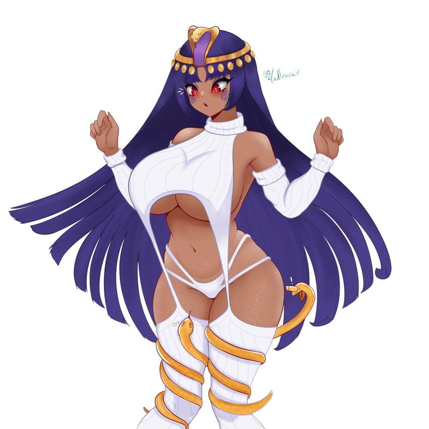 1girls 2d 2d_(artwork) alternate_costume belly_button big_breasts blunt_bangs brown-skinned_female egyptian female female_focus female_only front_view hourglass_figure huge_breasts latam_virtual_youtuber long_hair looking_down naya_onuphyrus purple_hair red_eyes saino simple_background slim_girl snake solo solo_female solo_focus standing sweater thong valtrazax virgin_killer_sweater virtual_youtuber vtuber vtuberfanart white_background white_sweater white_thighhighs white_thong young younger_female