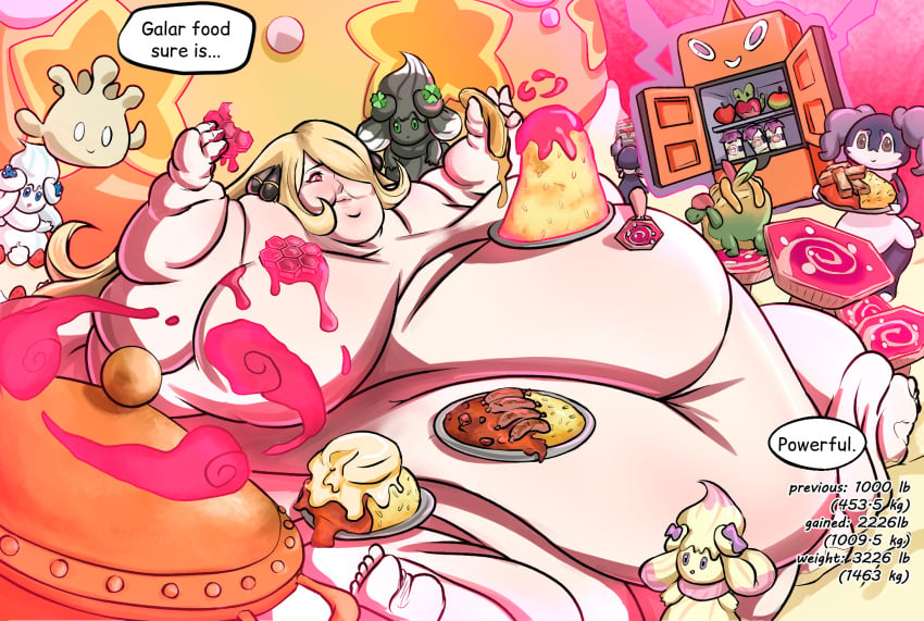 alcremie appletun blonde_female blonde_hair brainwashed brainwashing cynthia_(pokemon) extrabaggageclaim fat female food glowing_eyes hypnosis hypnotic_food indeedee milcery mind_control morbidly_obese morbidly_obese_female naked naked_female nintendo obese obese_female only_female overweight overweight_female pokemon pokemon_dppt rotom slob speech_bubble weight_gain