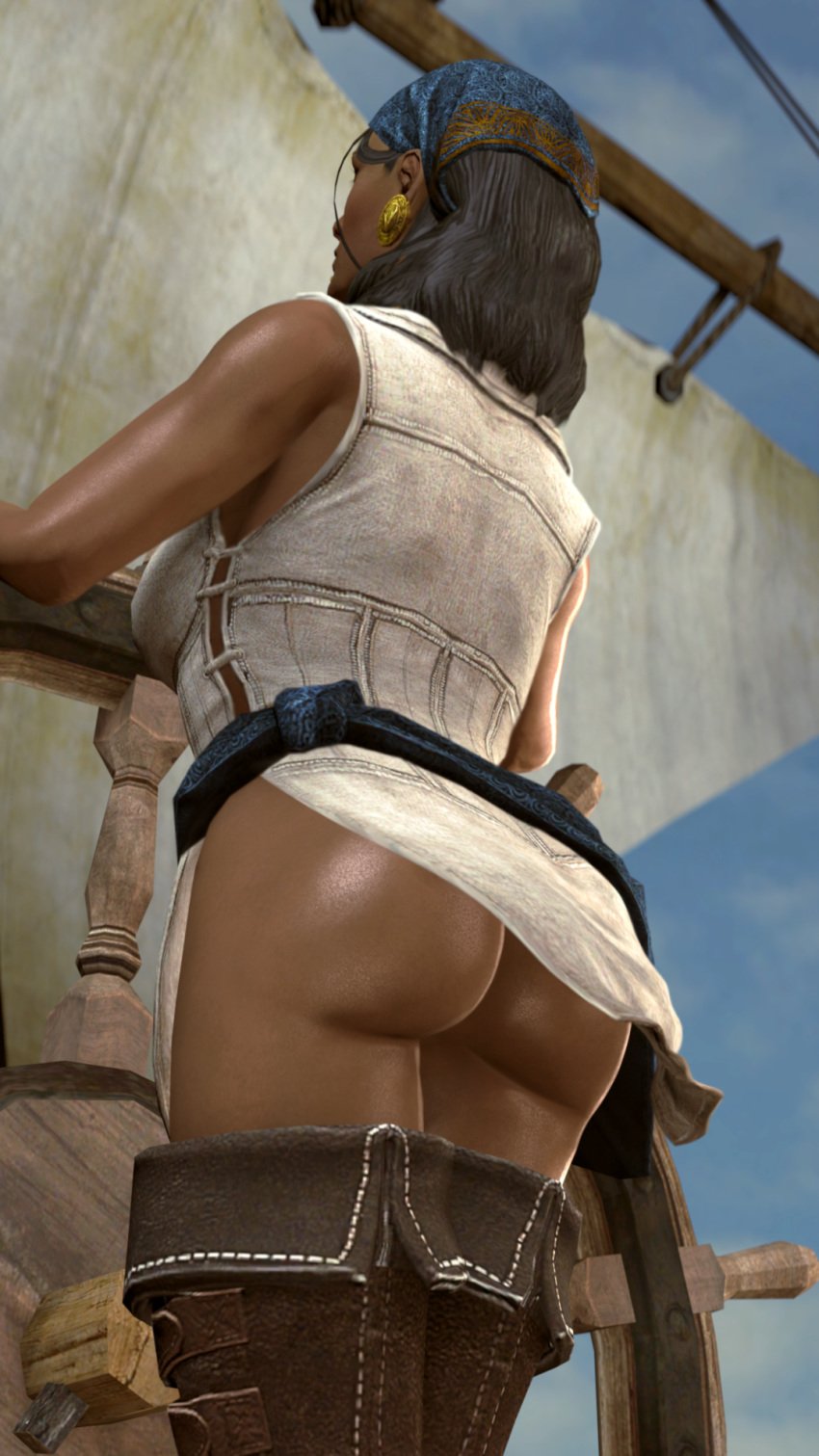 1girls 3d ass back back_view big_ass bluelight bubble_butt clothed clothing dark-skinned_female dark_skin dragon_age dragon_age_2 female female_only isabela no_panties pirate rear_view solo source_filmmaker standing