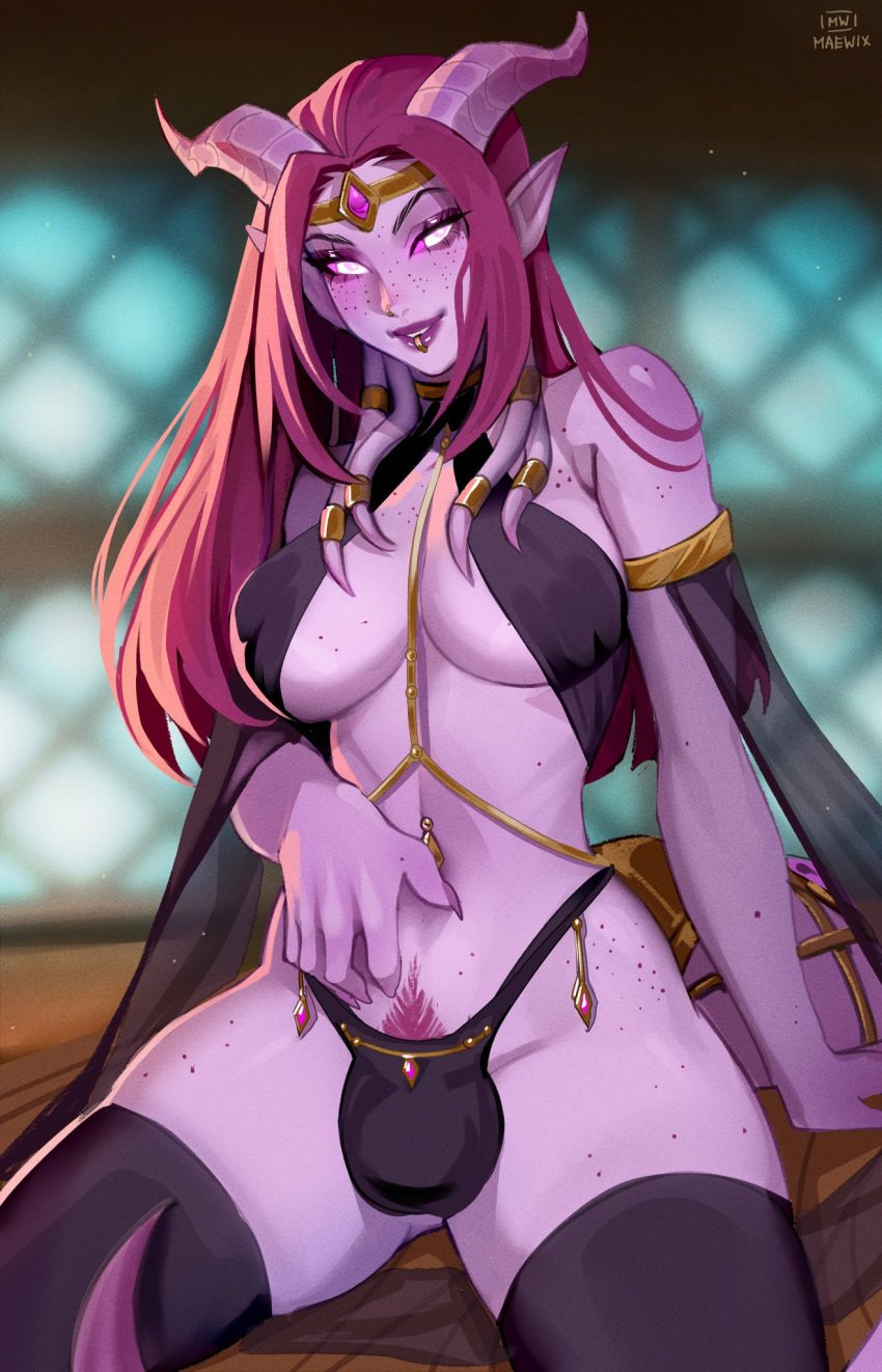 1futa ashzari balls big_breasts black_thighhighs blizzard_entertainment breasts bulge clothed clothing draenei draenei_futa freckles futa_only futanari hi_res horns humanoid lip_ring long_hair looking_at_viewer maewix1 mostly_nude panties penis pink_skin pubic_hair_peek purple_hair purple_sclera sitting skimpy skimpy_clothes smiling smiling_at_viewer solo thighhighs warcraft white_eyes world_of_warcraft