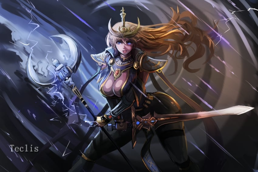 armor artist_request big_ass big_breasts blonde_hair blue_eyes boob_window cleavage cleavage_window crown dual_wielding elf elf_ears elf_female elf_girl female_version genderbent genderswap_(mtf) gloves high_elf_(warhammer) light_armor long_hair mage magic_staff magic_user noble noblewoman pointy_ears royalty rule_63 shoulder_pads skin_tight skintight skintight_clothing sorcerer sorceress staff sword teclis thick_thighs warhammer_(franchise) warhammer_fantasy wide_hips wizard