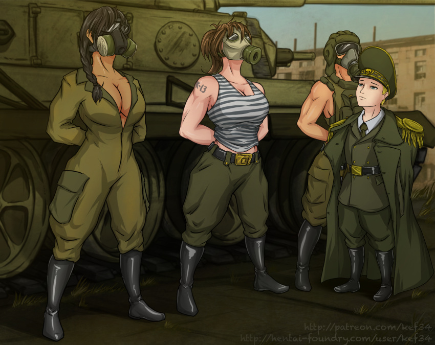 3girls army army_girl army_uniform big_breasts gas_mask image_set kef34 multiple_girls muscle muscle_girl muscles muscular muscular_female standing tank tank_top tank_top_lift