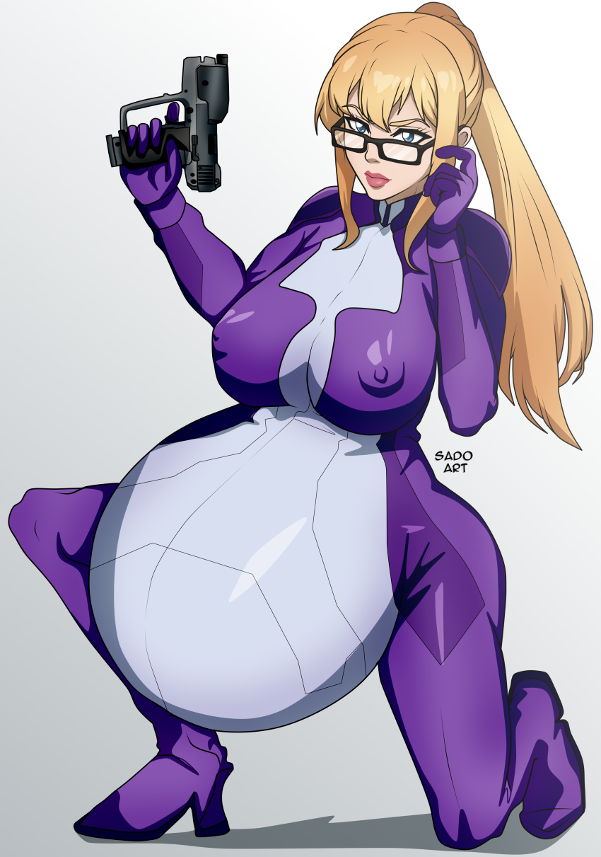 1girls belly big_belly big_breasts blonde_hair bodysuit breasts female glasses gun hyper_belly hyper_pregnancy nipple_outline ponytail pregnant sado_art skintight solo