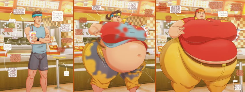1boy 1girls 3koma ass_bigger_than_breasts ass_bigger_than_head ass_bigger_than_torso ass_expansion bbw belly_expansion belly_overhang breast_expansion breasts breasts_bigger_than_head brown_hair clothing_transformation comic dialogue double_chin fast_food fast_food_employee fast_food_uniform fat fat_ass fat_belly fat_cheeks fat_fetish fat_thighs fat_woman fit_to_fat gender_transformation green_eyes headband hi_res highres hip_expansion huge_ass huge_belly huge_breasts huge_thighs hyper hyper_ass hyper_belly hyper_breasts hyper_hips hyper_thighs light-skinned_female light-skinned_male light_skin massive_ass massive_belly massive_breasts morbidly_obese morbidly_obese_female mtf_transformation muscular muscular_male obese obese_female offscreen_character offscreen_female reality_warping saturnxart shorts speech_bubble ssbbw thick_thighs thigh_expansion transformation transformation_sequence weight_gain wide_hips workout_clothes