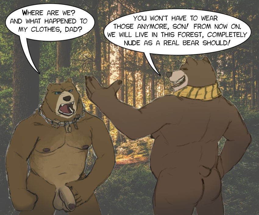 1:1 anthro ass baby_bear baby_bear_(puss_in_boots) balls bear belly brown_body brown_fur casual_nudity citrine_lion clothing dialogue dreamworks duo father_(lore) father_and_child_(lore) father_and_son_(lore) fingers flaccid foreskin fur genitals hi_res humanoid_genitalia humanoid_hands humanoid_penis jewelry jockstrap male mammal manly musclegut muscular nature navel necklace nipples outdoor_nudity outside papa_bear papa_bear_(puss_in_boots) parent_(lore) parent_and_child_(lore) parent_and_son_(lore) pecs penis puss_in_boots_(dreamworks) puss_in_boots_(film) puss_in_boots_the_last_wish rear_view scarf shrek_(series) son_(lore) text third-party_edit underwear