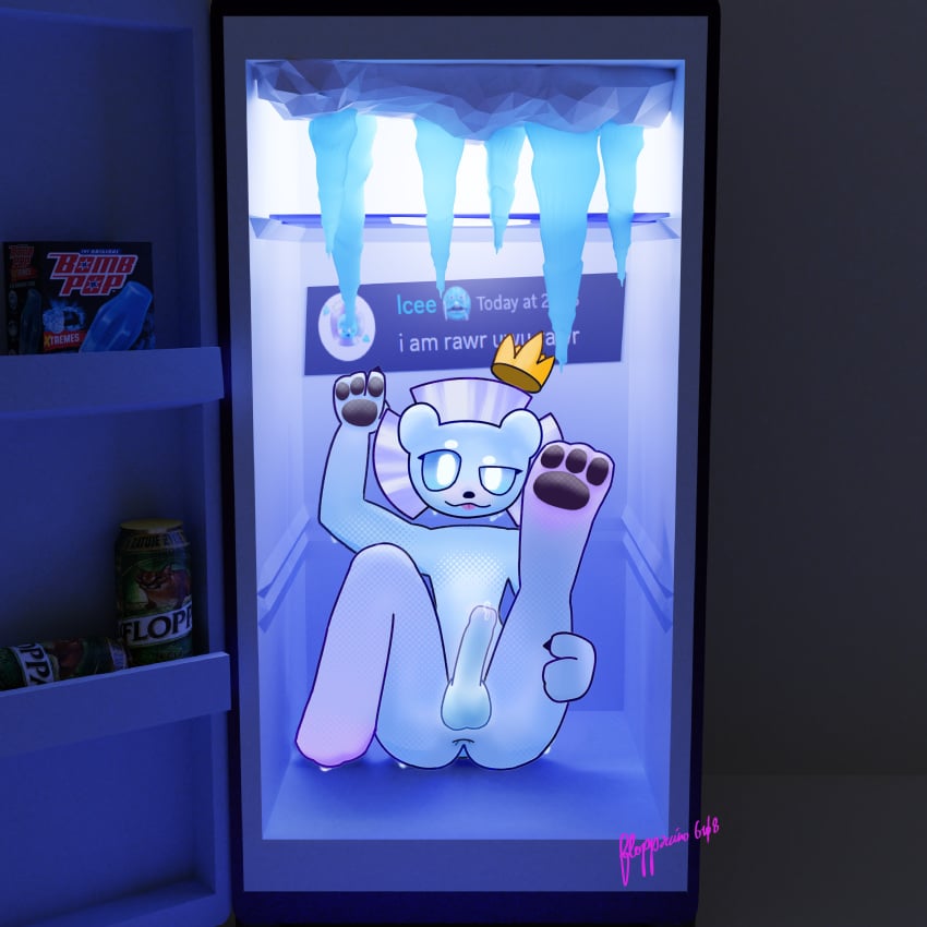 1boy 3d_background balls blender_(software) discord dripping femboy fridge furry genitals highres ice_character icee looking_at_viewer nude precum presenting solo tagme