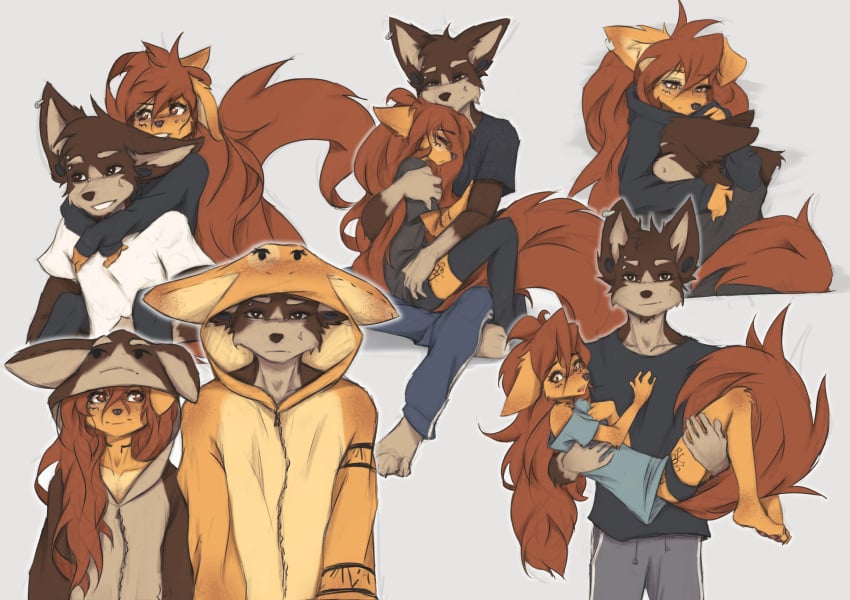 1boy 1girls apogee_(tinygaypirate) breasts brown_eyes brown_fur brown_hair canine cute dog_ears dog_girl earring female fluffy_tail freckles fur furry furry_female furry_only hug long_hair looking_at_viewer male onesie piercing small_breasts tail tattoo thighs tinygaypirate wholesome