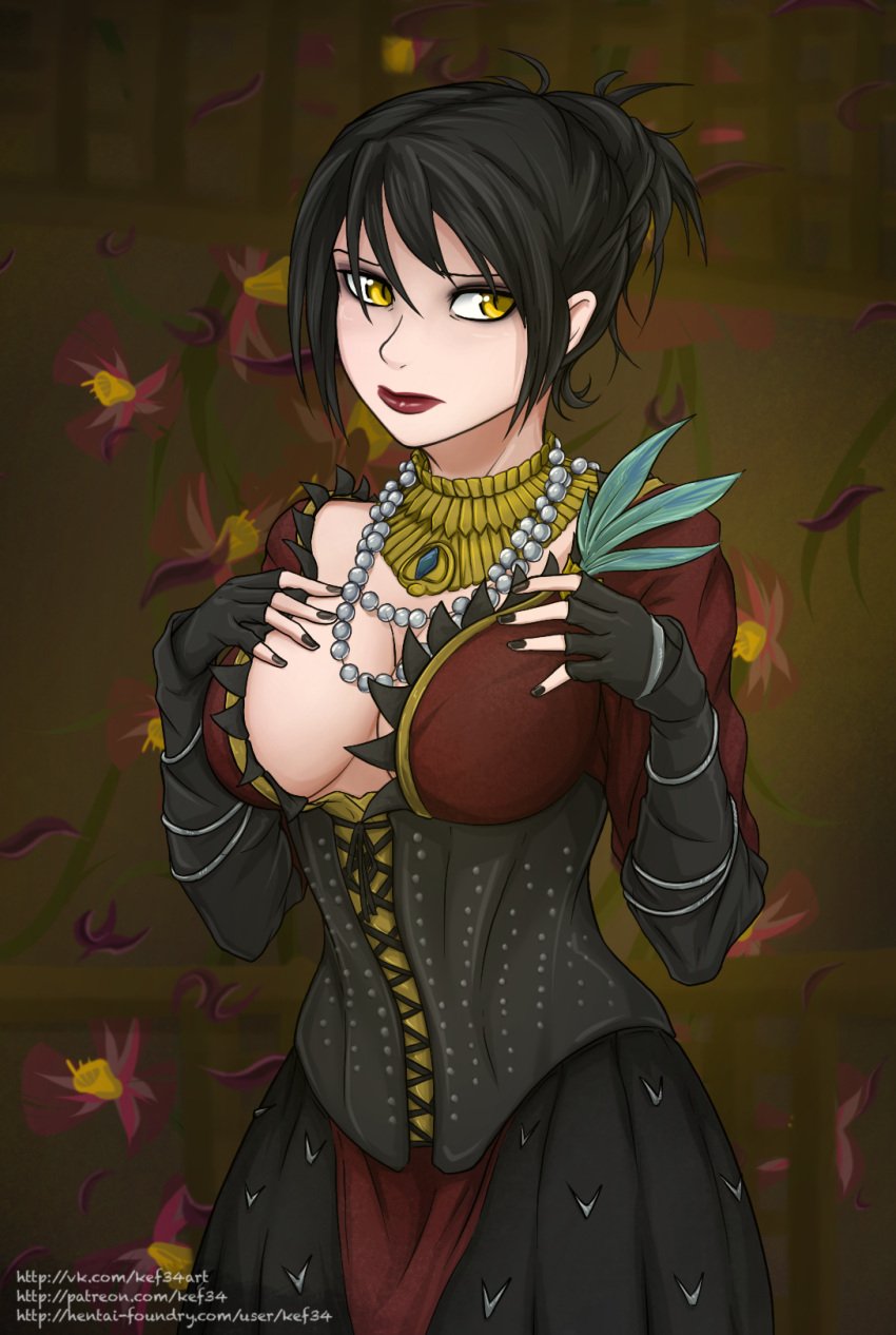 1girls big_breasts bleck_hair dragon_age female image_set kef34 morrigan_(dragon_age) short_hair solo yellow_eyes