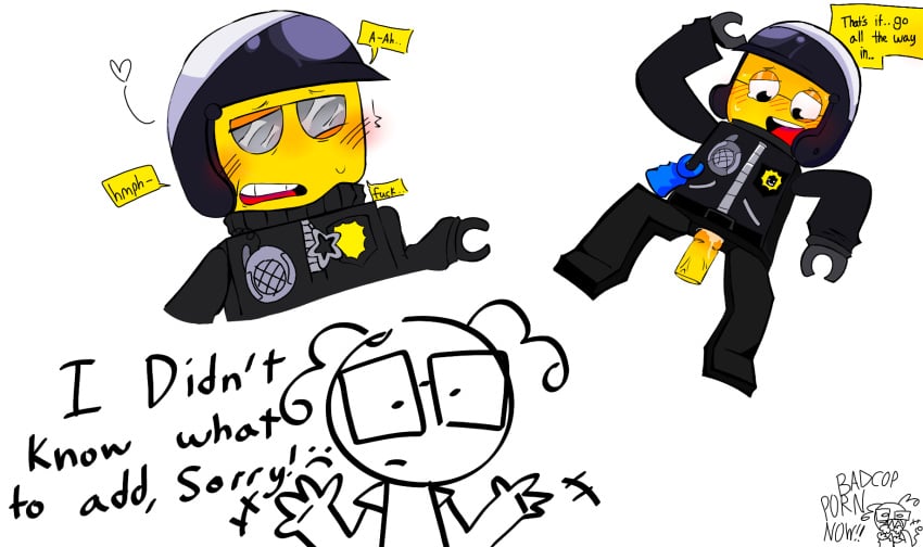 bad_cop/good_cop benny_(the_lego_movie) big_head blush blush_lines doodles hole_(anatomy) lego_figure looking_down submissive_male tears_of_pleasure text_bubble the_lego_movie toony yellow_penis yellow_skin