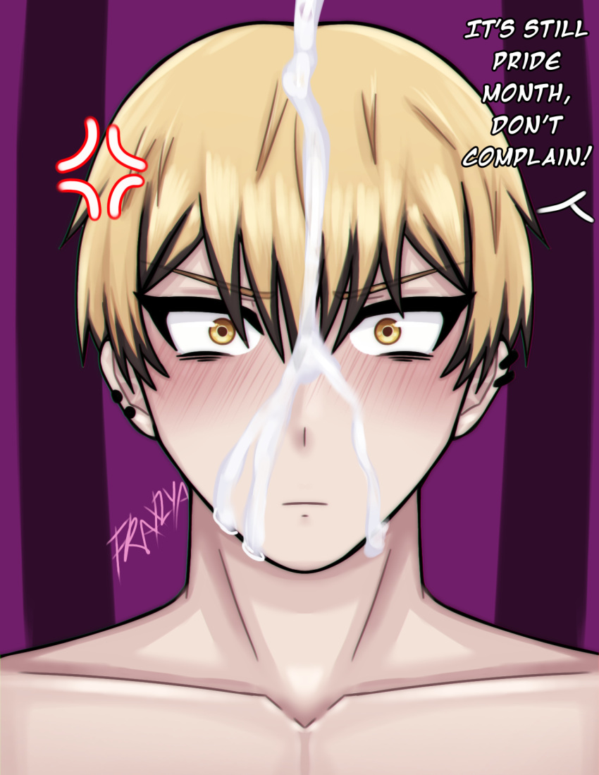 anger_vein annoyed asian blonde_hair blush comedy cum cum_in_hair cumshot dialogue dyed_hair ear_piercing eyeliner fraxzya gay headshot_portrait joke jujutsu_kaisen light_skin nude pride_month roots thick_cum twink two_tone_hair yellow_eyes zenin_naoya