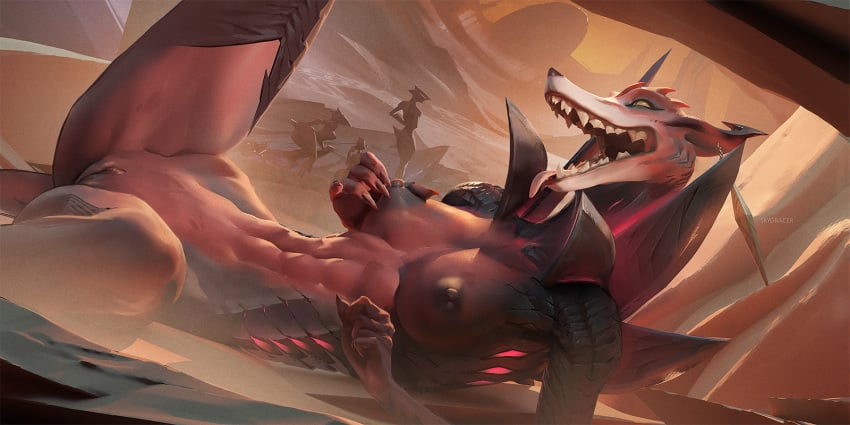 2:1 anthro areola biped black_areola black_body black_eyes black_nipples breasts canid canine darkin female genitals group hi_res league_of_legends lying mammal naafiri nipples nude on_back open_mouth pupils pussy raised_leg red_body riot_games skygracer slit_pupils solo_focus tencent tongue tongue_out yellow_sclera