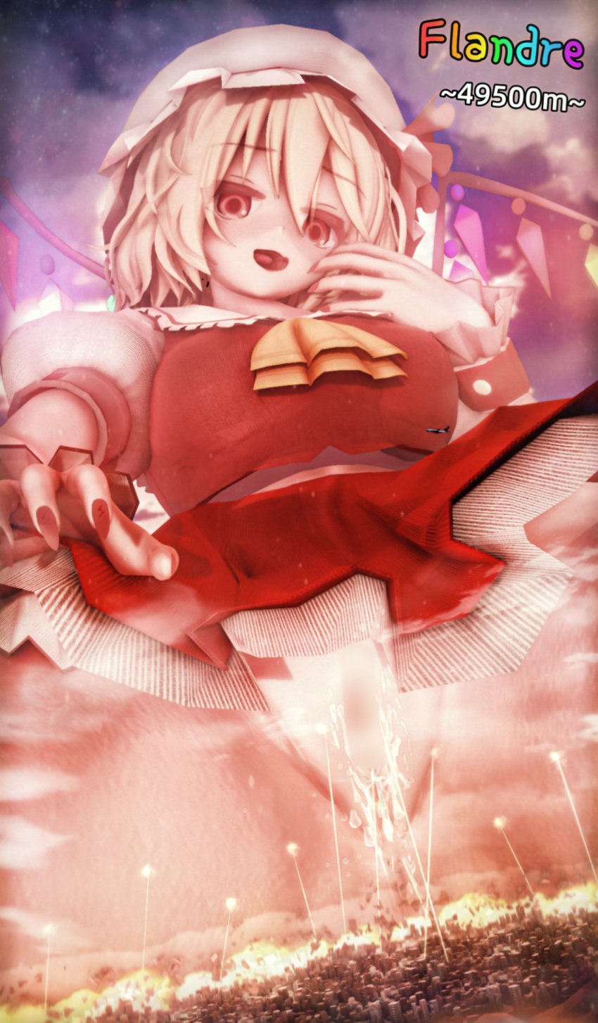 3d_(artwork) bigger_than_mountain city_destruction female female_focus female_only flandre_scarlet giantess giga_giantess looking_down looking_pleasured macro_female macro_focus macrophilia masturbation pussy_juice pussy_juice_drip serasphere touhou touhou_project