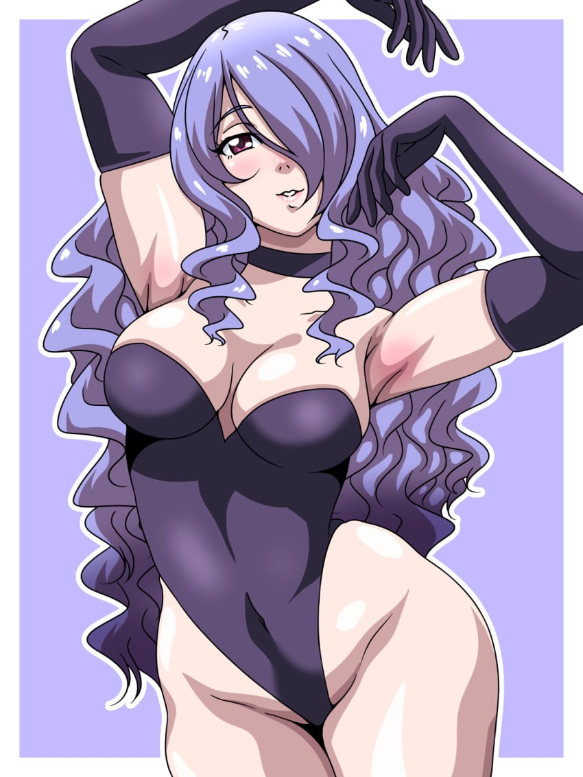 1girls armpits arms_up bare_thighs breasts camilla_(fire_emblem) choker elbow_gloves female female_only fire_emblem fire_emblem_fates gloves grin hair_over_one_eye inabakun00 leotard long_hair looking_at_viewer medium_breasts nintendo pink_eyes purple_background purple_hair smile solo thighs very_long_hair