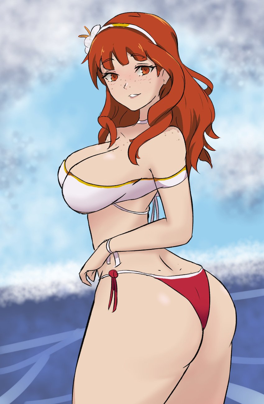 1girls ass back bangs bare_arms bare_back bare_shoulders bare_thighs bikini breasts celica_(fire_emblem) choker cleavage collarbone female female_only fire_emblem fire_emblem_echoes:_shadows_of_valentia flower freckles freckles_on_breasts freckles_on_face freckles_on_shoulders from_behind grin hair_flower hairband hourglass_figure in2naps large_ass large_breasts long_hair looking_at_viewer looking_back nintendo ocean orange_eyes orange_hair outdoors red_bikini red_swimsuit shoulders smile solo swimsuit thick_thighs thighs white_bikini white_swimsuit wide_hips