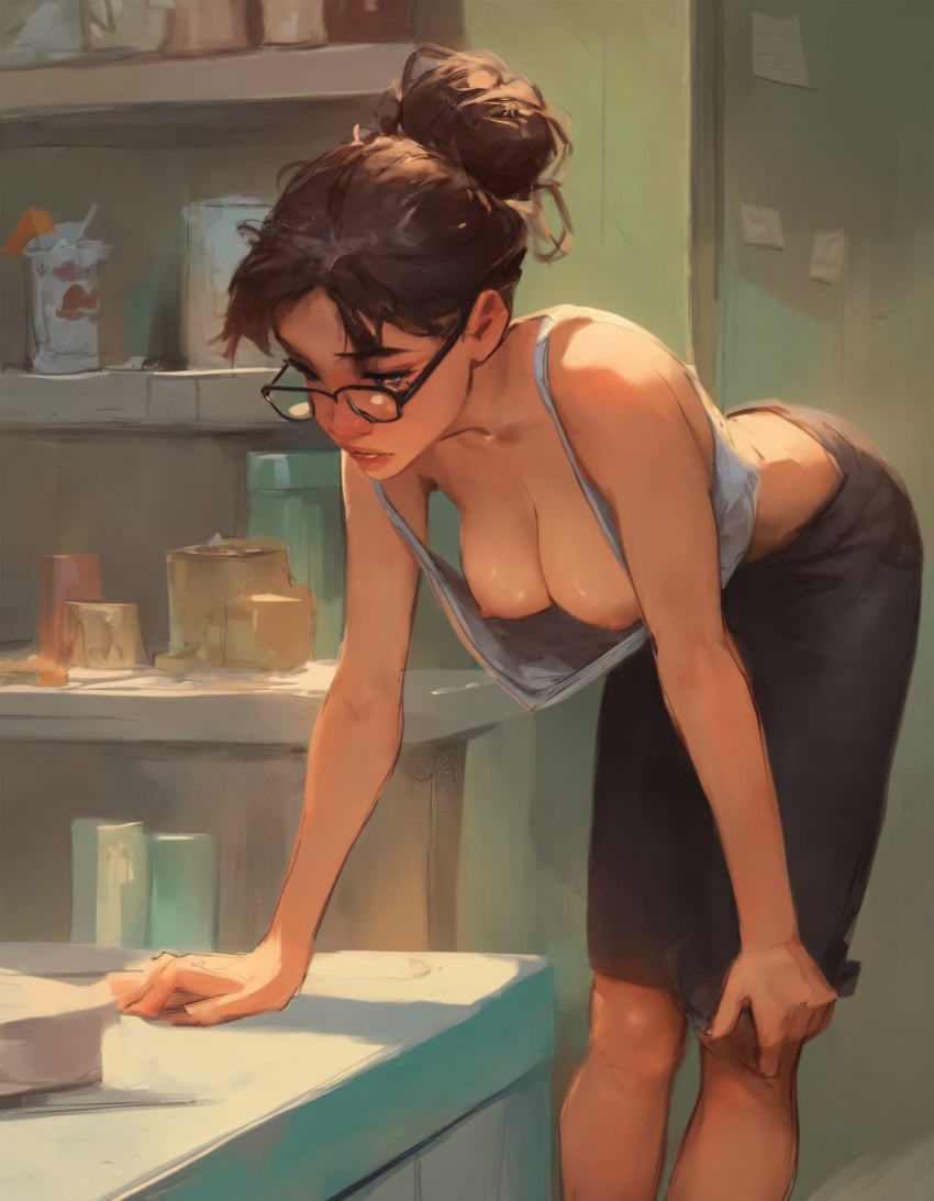 ai_generated bent_over brown_hair downblouse glasses hairbun large_breasts nipples skirt stableladle