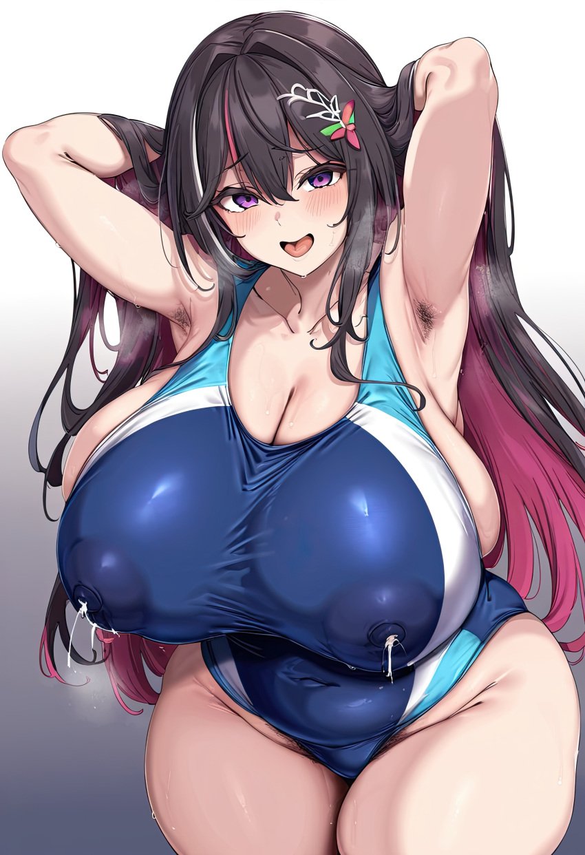 1boy ai_generated azki_(hololive) big_breasts breasts chubby chubby_female deepjungle female female_focus hairy_armpits hololive hololive_japan huge_breasts lactating lactation lactation_through_clothes large_breasts looking_at_viewer plump purple_eyes purple_hair thick_thighs thighs virtual_youtuber