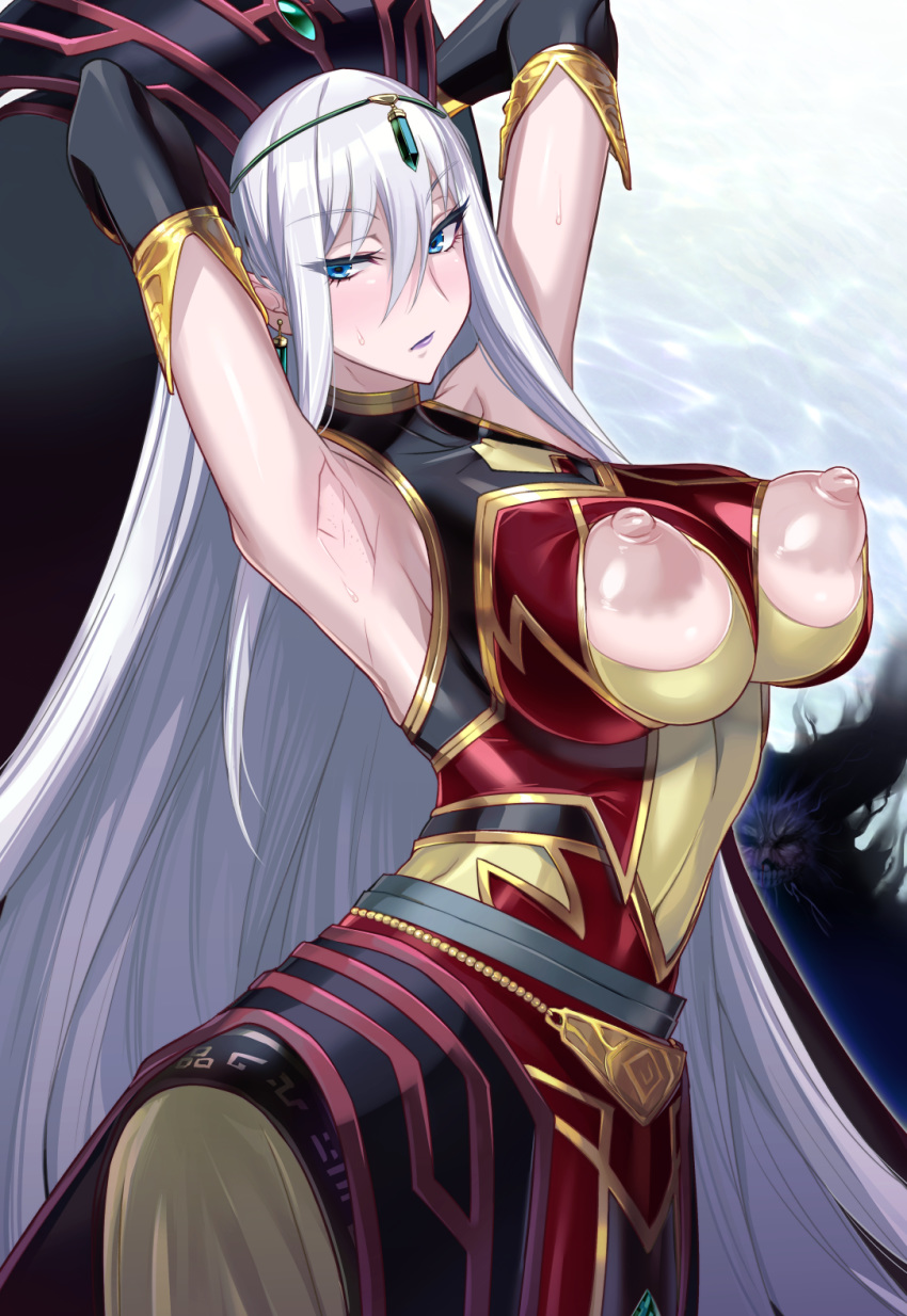 armpits blue_eyes breasts duel_monster female gloves jewelry large_breasts long_hair nipples queen ruin_queen_of_oblivion ruin_supreme_queen_of_oblivion silver_hair solo yanazuri_(kimossari337) yu-gi-oh!