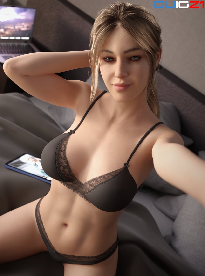 abs ava_jansen_(call_of_duty) bed black_lingerie call_of_duty girl guigz1 lingerie posing posing_for_picture selfie smiling woman