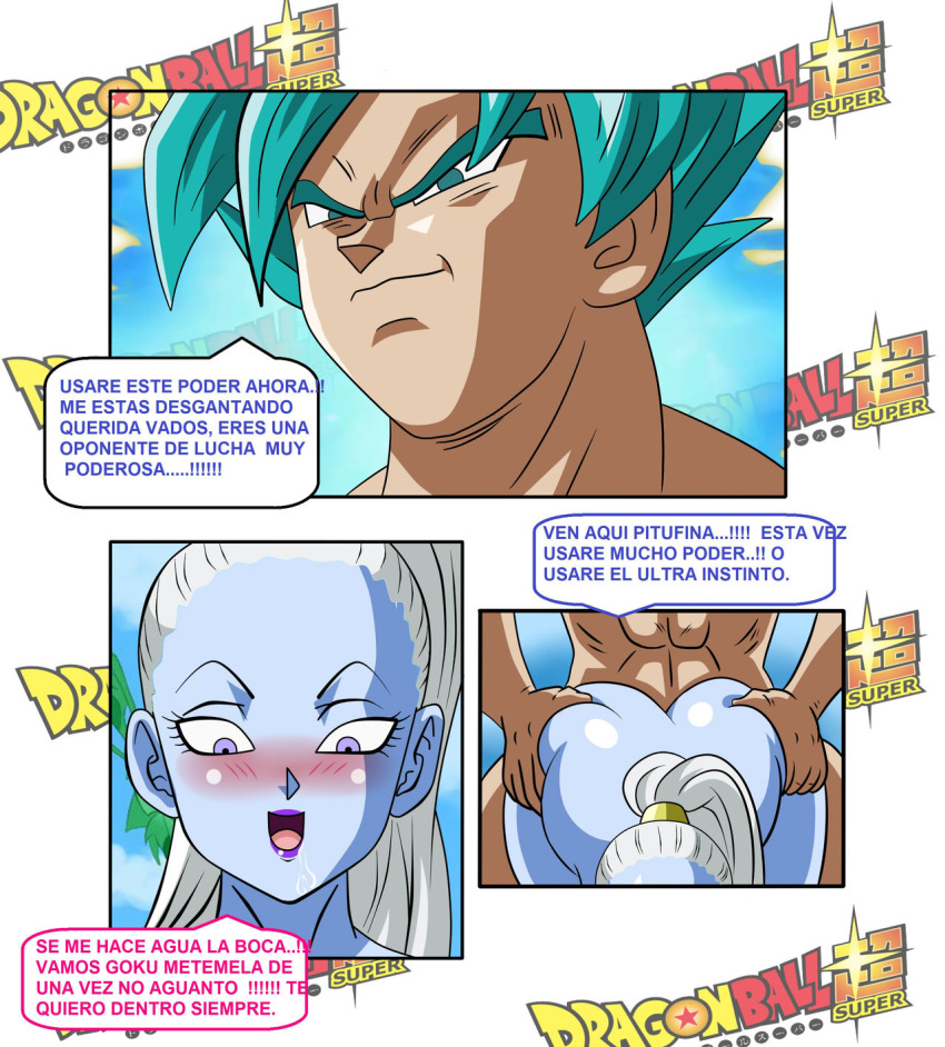 1boy 1girls angel_(dragon_ball) blue_skin dicasty dragon_ball dragon_ball_super female male son_goku spanish_text super_saiyan_blue universe_6/universe_7 vados