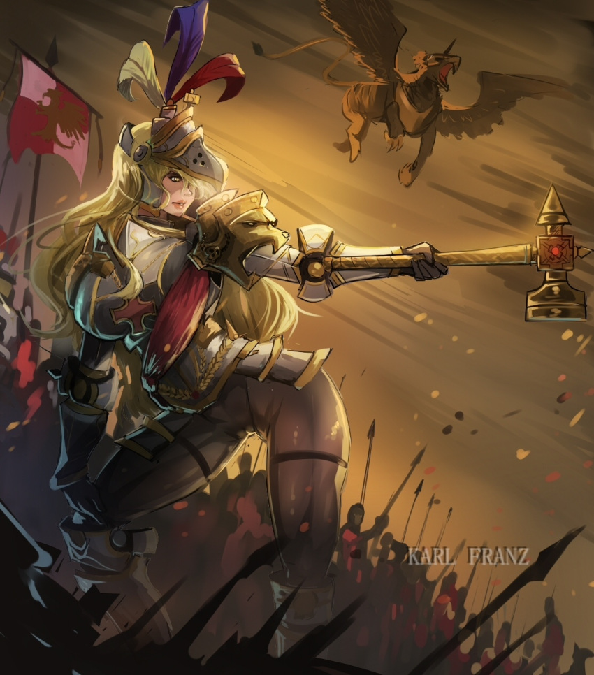 armor armored_female army army_girl army_helmet army_uniform banner battlefield big_ass big_breasts blonde_hair blonde_hair breasts_bigger_than_head dramatic_pose empire empress feathers female_version flag flag_(object) full_armor genderbent genderswap_(mtf) gold_(metal) golden_eyes gryphon hammer helmet human karl_franz long_hair military nobility noble noblewoman plume pose queen royalty rule_63 rule_63 ruler skin_tight skin_tight_outfit skintight skintight_clothing soldier soldier_helmet soldiers spear spears thick_thighs war warhammer_(franchise) warhammer_fantasy warrior warriors wide_hips yellow_eyes