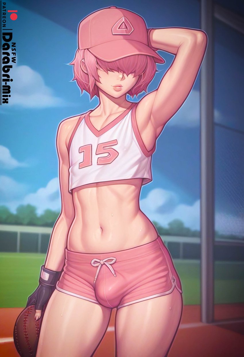 1boy ace_of_diamond ai_generated armpits arms_up blush bulge cute darabri-mix erection exposed femboy feminine_male flashing flashing_penis flat_chest flat_chested flushed gay girly hair_over_eyes kominato_haruichi lips midriff nipples open_smile otoko_no_ko pale_skin penis pink_hair slutty_clothing slutty_outfit smile sweat tight_clothing toned trap yaoi