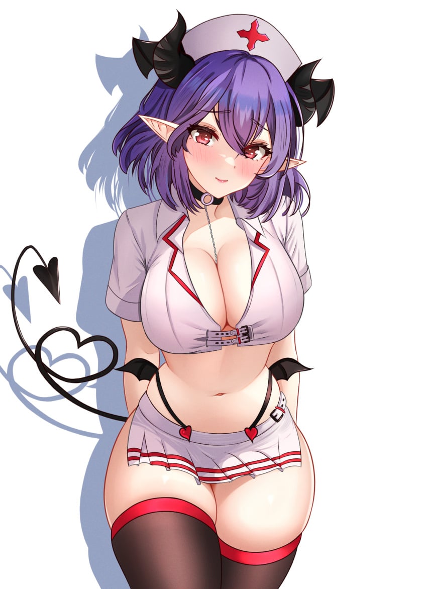 blue_hair blush breasts cetta_(cettadvd) choker cleavage cosplay cropped_shirt demon_girl demon_horns demon_tail female hair_between_eyes hair_ornament hat heart heart_tail highres horns kinsou_no_vermeil large_breasts looking_at_viewer low_wings medium_hair miniskirt navel nurse nurse_cap o-ring o-ring_choker pointy_ears purple_hair red_eyes short_sleeves skirt slutty_nurse smile solo tail thighhighs thighs vermeil vermeil_(kinsou_no_vermeil) vermeil_in_gold wings