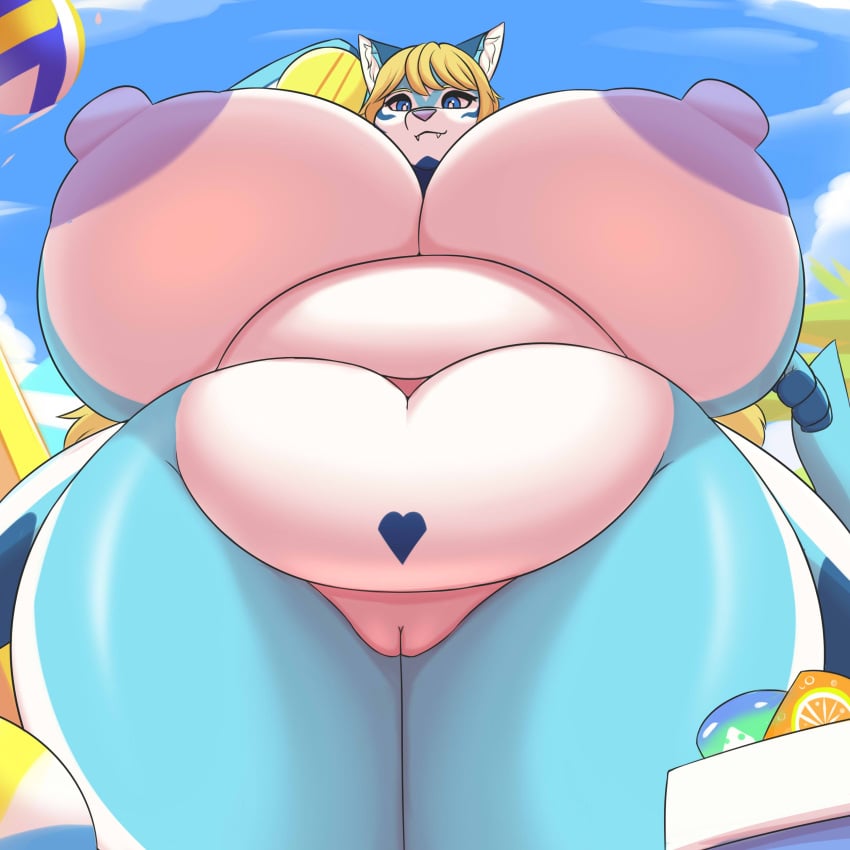 1:1 4_fingers absurd_res anthro ball belly big_breasts big_nipples blonde_eyebrows blonde_hair blue_body blue_eyes blue_fur breasts cloud deep_navel eyebrows fangs felid feline female fingers fur genitals hair heart_symbol hi_res hidenafox holding_object huge_breasts inner_ear_fluff mammal multicolored_body multicolored_fur navel nipples outside overweight overweight_anthro overweight_female purple_nipples purple_nose pussy solo standing teeth towel tuft white_inner_ear_fluff