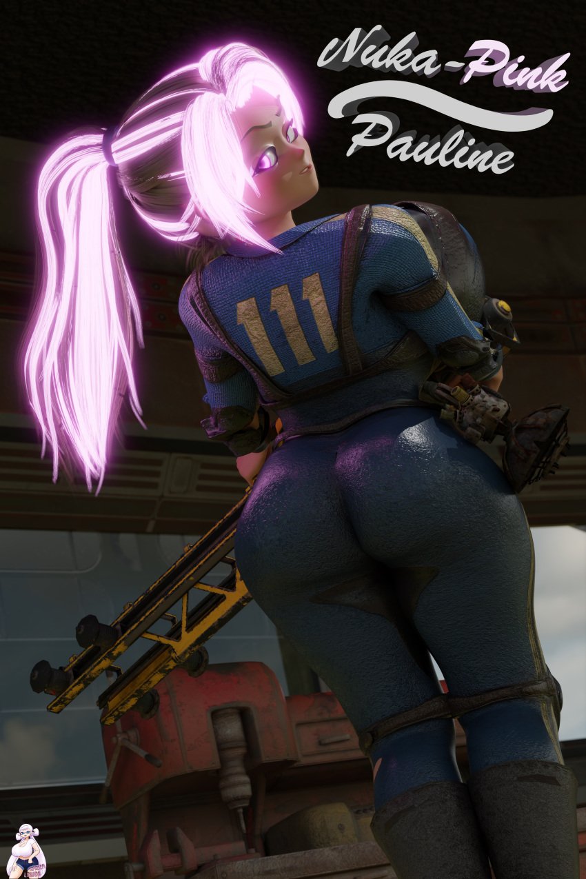 1girls 3d alternate_version_available ass ass_focus fallout_76 lazza_(artist) long_hair looking_at_viewer looking_back neon_hair pink_eyes pink_hair solo vault_girl vault_suit