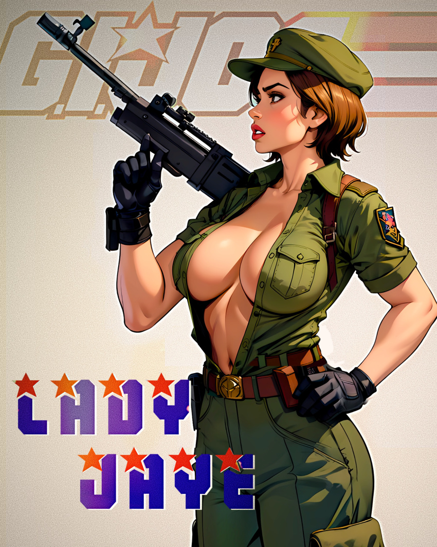 1girls absurd_res ai_generated breasts brown_hair cleavage female g.i._joe gloves hi_res lady_jaye large_breasts machine_gun military military_cap military_uniform nerdddemon solo solo_female solo_focus stable_diffusion weapon