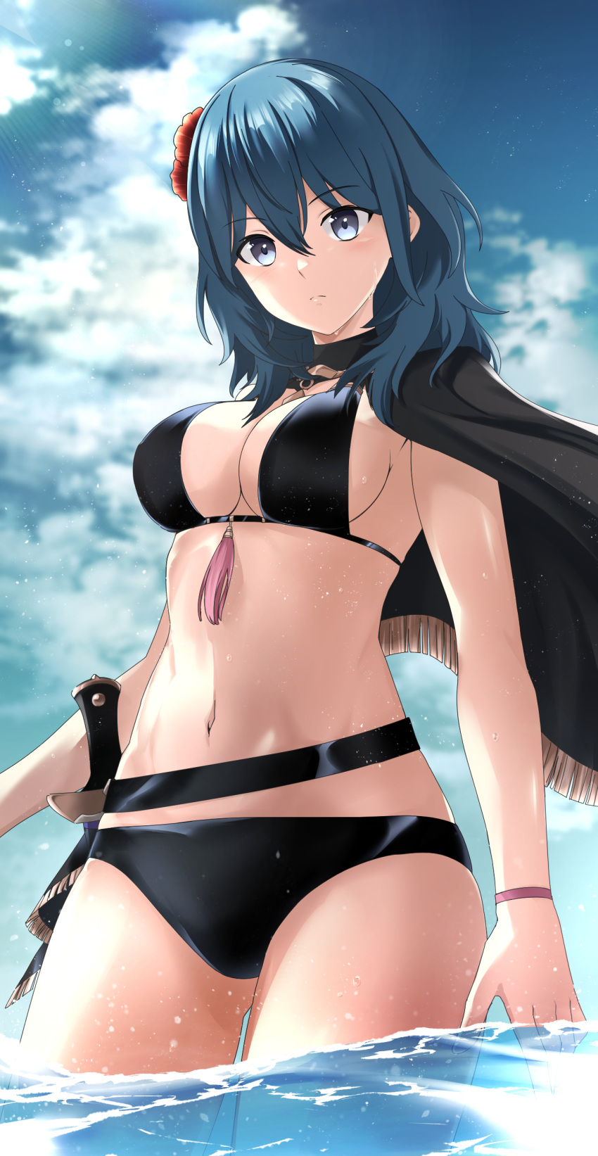 absurdres alternate_costume bikini black_bikini black_cape black_swimsuit blue_eyes blue_hair blush breasts byleth_(female)_(fire_emblem) byleth_(female)_(summer)_(fire_emblem) byleth_(fire_emblem) byleth_(fire_emblem)_(female) cape cleavage closed_mouth female female_only fire_emblem fire_emblem:_three_houses fire_emblem_heroes flower hair_between_eyes hair_flower hair_ornament highres komurice long_hair looking_at_viewer medium_breasts navel nintendo official_alternate_costume partially_submerged red_flower solo stomach swimsuit water wet