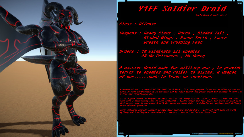 16:9 abs android anthro balls black_skin dialogue dragon english_text erection glistening hi_res horn humanoid looking_at_viewer machine male male_only matr1x2er0 muscular nude penis pose robot scalie standing text wings yiffalicious