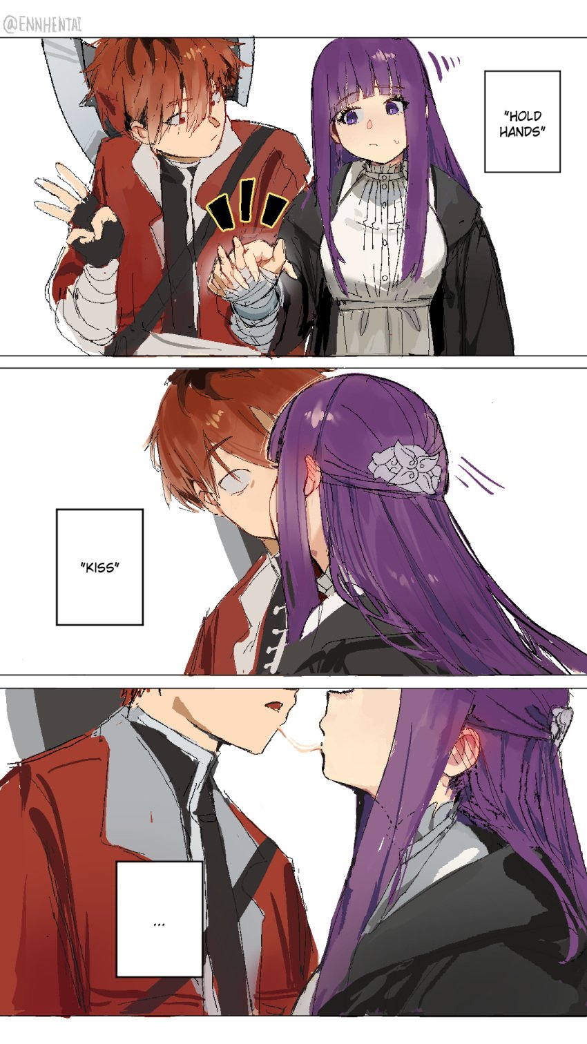 1boy 1boy1girl 1girls axe closed_eyes clothed clothed_female clothed_male couple couple_(romantic) dating ennhentai fake_enn female fern_(sousou_no_frieren) holding_hands kiss kissing long_hair male purple_eyes purple_hair red_eyes red_hair safe saliva saliva_trail short_hair sousou_no_frieren spit spit_trail stark_(sousou_no_frieren) sweat sweatdrop weapon weapon_over_shoulder