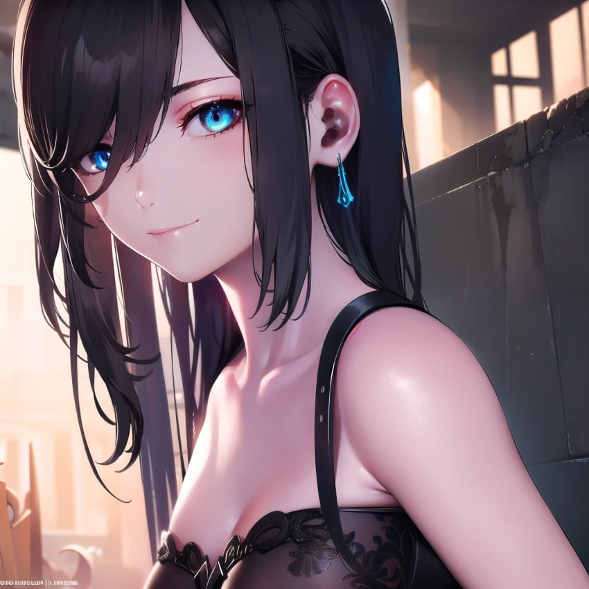 1girls ai_generated bare_shoulders bra breasts cleavage cute cute_expression cute_eyes cute_face cute_girl eve_(stellar_blade) girly long_hair looking_at_viewer looking_pleasured ponytail smile stellar_blade