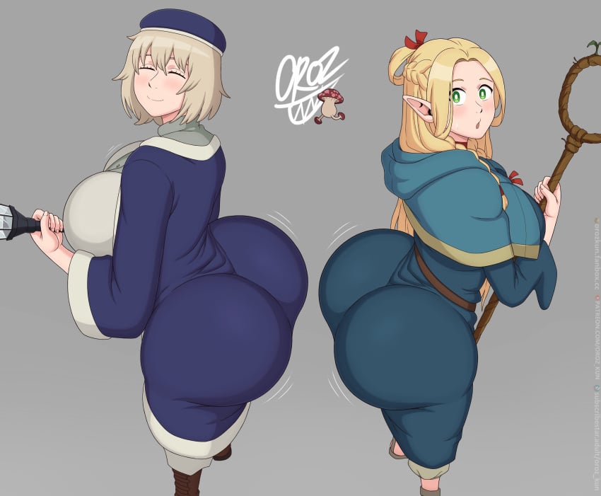 2girls ass blonde_hair breasts clothed dat_ass dungeon_meshi elf elf_ears elf_female falin_touden female female_only huge_ass huge_breasts light_skin long_hair marcille_donato multiple_girls oroz-kun short_hair thick_thighs white_hair yamathegod_(style)