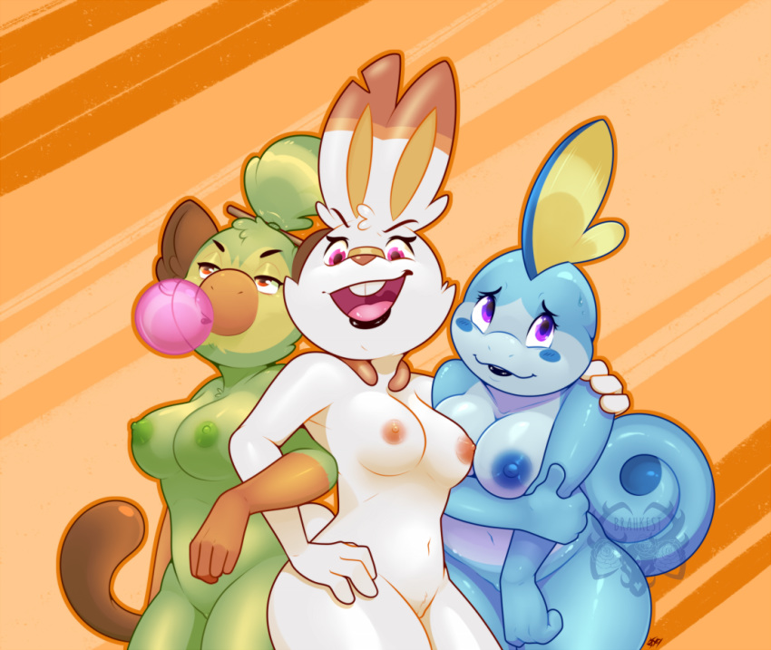 2019 3girls anthro anthrofied armpits ass barely_visible_genitalia barely_visible_pussy belly big_ears blue_skin bored brahkest breasts brown_fur buckteeth female female_only fur furry green_fur grookey group half-closed_eyes lagomorph long_ears mammal monkey naked navel nintendo nipples nude orange_background orange_fur pink_eyes pokémon_(species) pokemon pokemon_ss primate purple_eyes pussy red_eyes reptile scalie scorbunny simple_background smile sobble standing tail text thick_thighs video_games watermark white_fur wide_hips