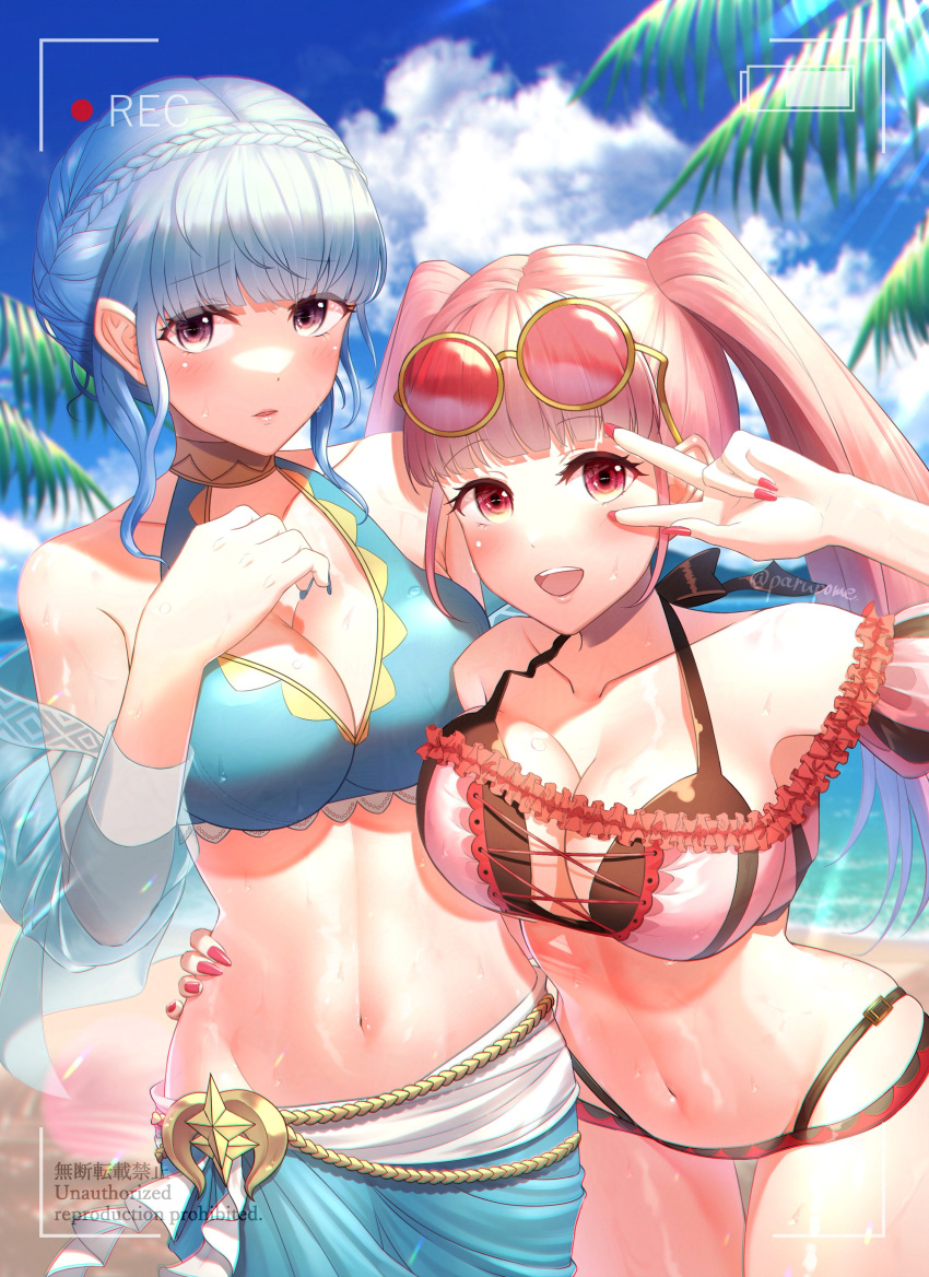 2girls alternate_costume bare_shoulders bikini blue_bikini blue_hair blue_sky blue_swimsuit braid breasts cleavage cloud collarbone crown_braid day eyewear_on_head female_focus fingernails fire_emblem fire_emblem:_three_houses fire_emblem_heroes hilda_valentine_goneril hilda_valentine_goneril_(summer) large_breasts long_hair marianne_von_edmund marianne_von_edmund_(summer) multiple_girls navel nintendo ocean official_alternate_costume outdoors parupome peace_sign pink_bikini pink_hair pink_swimsuit round_eyewear smile standing stomach sunglasses swimsuit twintails very_long_hair