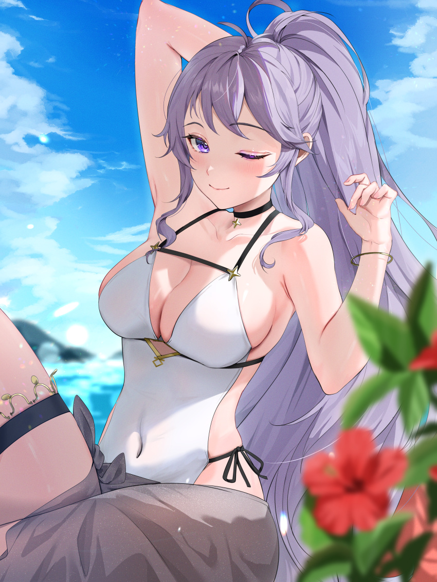 1girls absurdres alternate_costume beach blue_sky blush breasts cleavage closed_mouth clothing_cutout commission covered_navel day female female_only fire_emblem fire_emblem:_genealogy_of_the_holy_war flower grey_sarong highres ishtar_(fire_emblem) large_breasts long_hair looking_at_viewer monokawa_(iurl1z) nintendo non-web_source one-piece_swimsuit one_eye_closed outdoors ponytail purple_eyes purple_hair sarong sideboob sky smile solo swimsuit very_long_hair water white_one-piece_swimsuit white_swimsuit