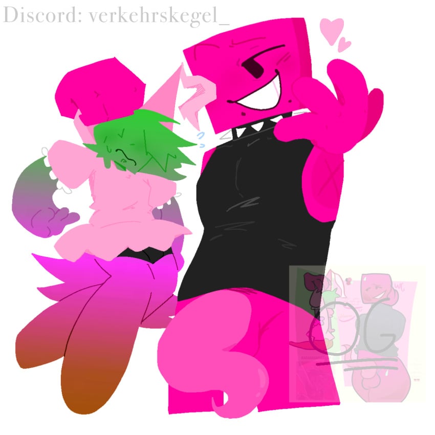 collar flirty flirty_glance heart jacksportt jeremy_(regretevator) nervous nervous_expression nervous_face nervous_sweat pink_body pink_dress princess princess_hat princess_outfit regretevator roblox spiked_collar tentacle_dick unpleasant_(regretevator) unpleasant_gradient