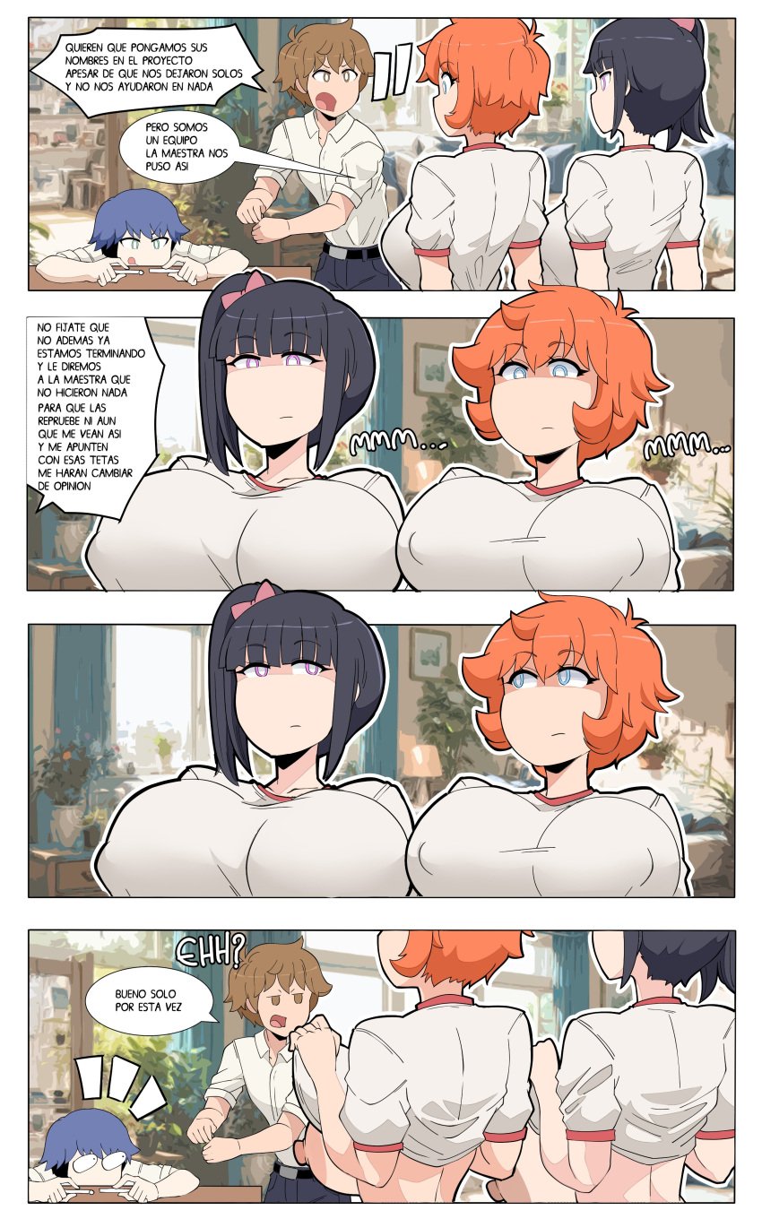 2boys 2girls big_breasts big_nipples breasts breasts_out comic comicomryu janice_(comicomryu) lifting_shirt oc orange_hair original_character tagme toretto_(comicomryu)