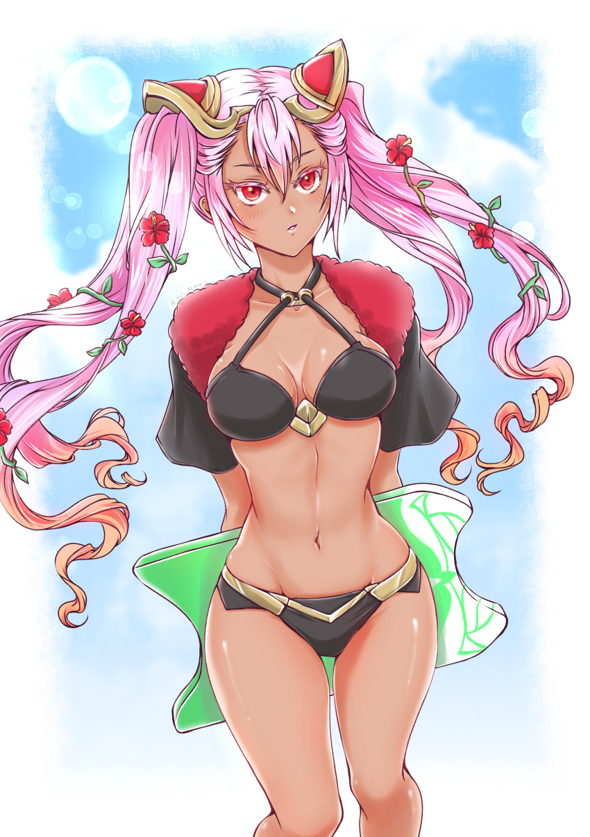 1girls absurdres alternate_costume bikini black_bikini black_jacket black_swimsuit breasts cleavage cloud criss-cross_halter cropped_jacket dark-skinned_female dark_skin female female_only fire_emblem fire_emblem_heroes flower gold_trim gradient_hair hair_flower hair_ornament halterneck hibiscus highres holding holding_behind_back holding_kickboard jacket kickboard komainutotoro laevatein_(fire_emblem) laevatein_(summer)_(fire_emblem) long_hair looking_up medium_breasts multicolored_hair navel nintendo official_alternate_costume open_clothes open_jacket open_mouth orange_hair pink_hair plant red_eyes sidelocks simple_background sky solo swimsuit twintails vines