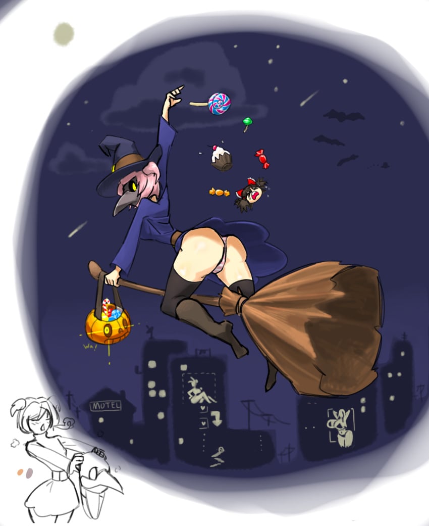 1girls bats broom butt candy doki_doki_literature_club dress emptyskull302 female female_only headwear mask masked masked_female natsuki_(doki_doki_literature_club) panties pantyshot pink_hair shimapan solo upskirt witch witch_broom witch_costume witch_hat