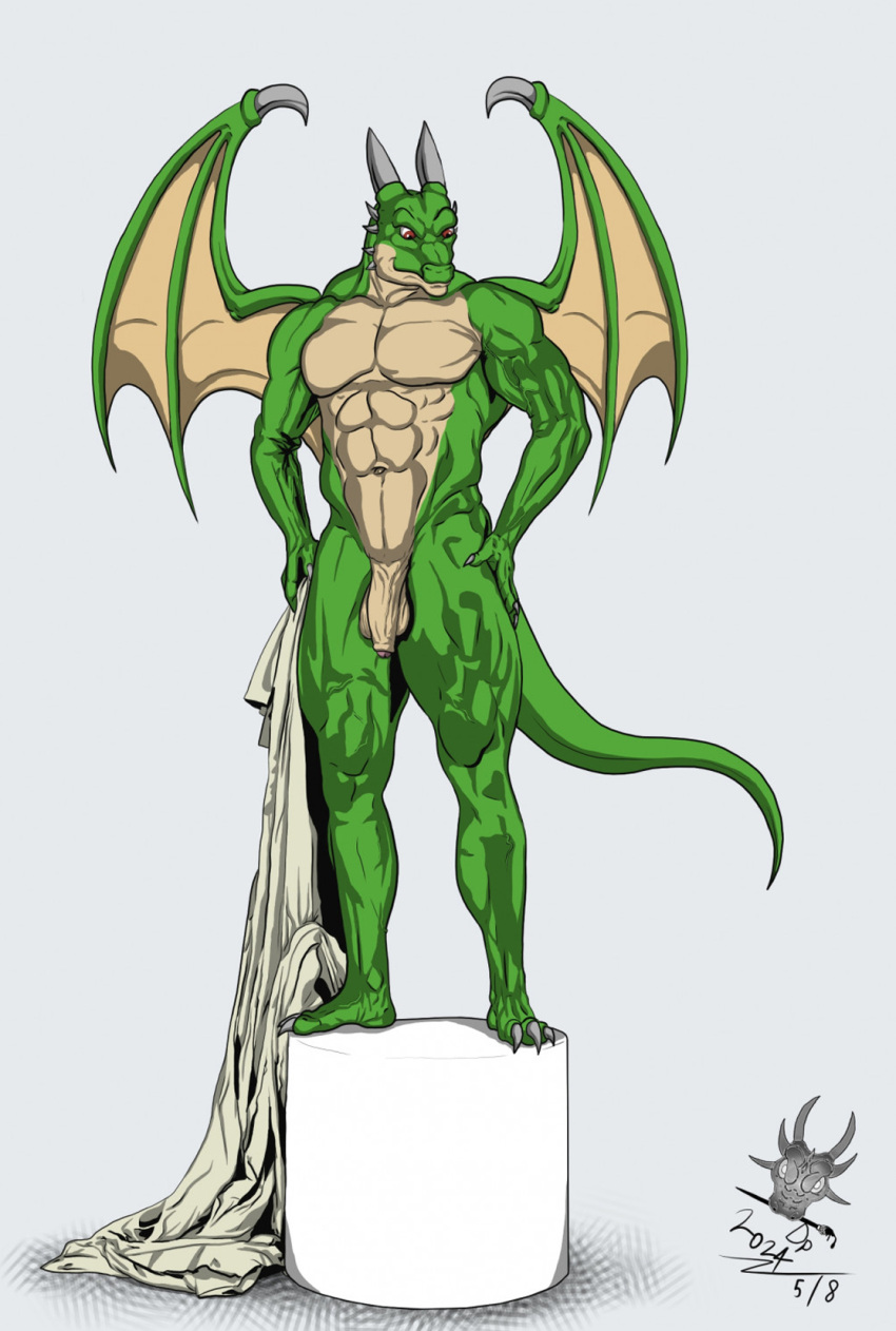 abs anthro balls barefoot biceps claws darwidondesigner92 dragon feet fingers flaccid foreskin genitals green_body green_scales hi_res horn humanoid_genitalia humanoid_hands humanoid_penis male manly muscular muscular_anthro muscular_male mythological_creature mythological_scalie mythology non-mammal_balls nude pecs penis plantigrade red_eyes reptile scales scalie simple_background smile solo tail toes wings