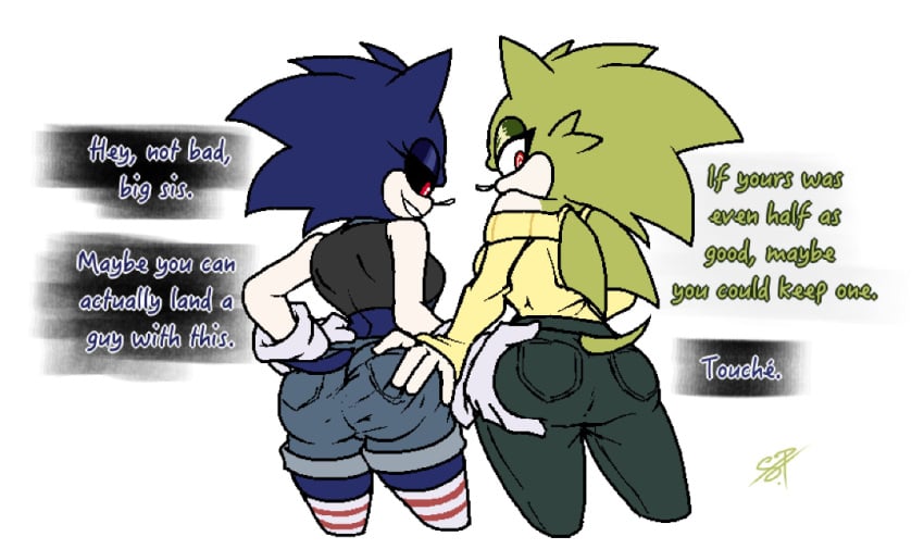 2girls artist_signature ass_grab athena_(sonictale32) black_eyes comic groping in_love incest iris_(sonictale32) jeans love_is_love oc original shorts siblings sister sisters smirking sonic.exe sonic.exe_(series) sonic_(series) sonictale32 sweater tail tastefulanatomy wanting_sex yuri